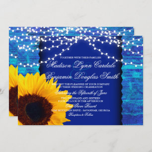Sunflower and Fairy Lights Blue Wedding Invites