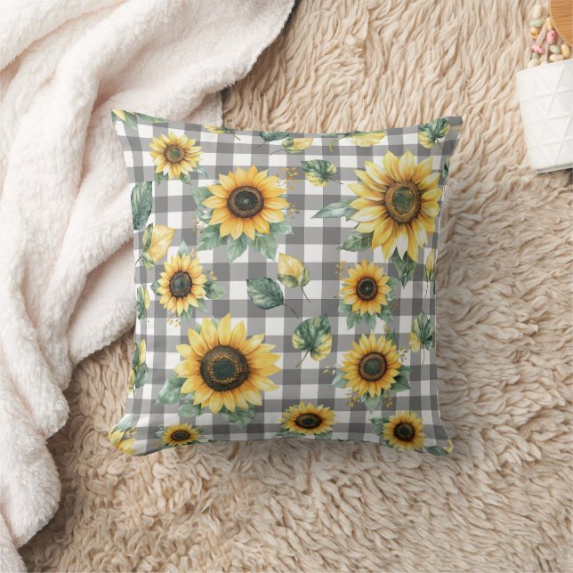 Sunflower and Gingham Rustic Farmhouse  Cushion (Blanket)