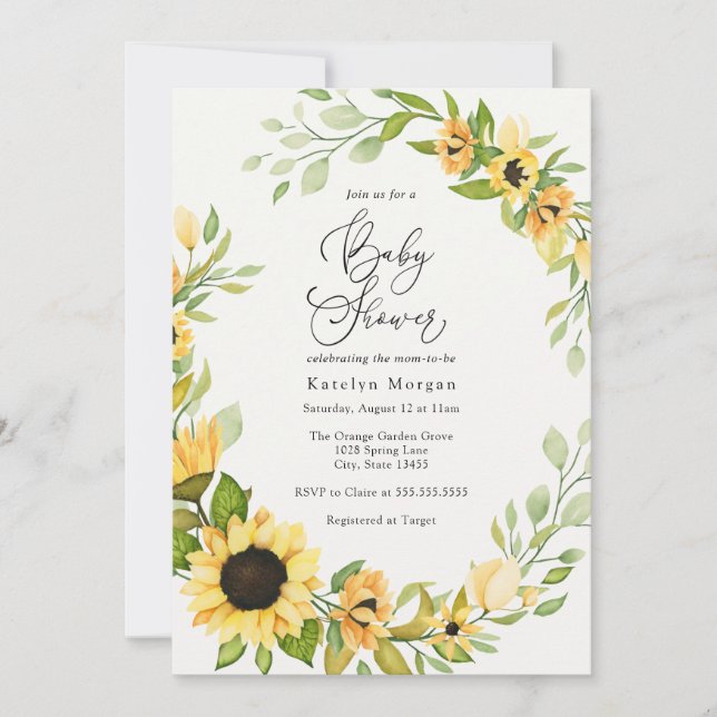 Sunflower and Greenery Baby Shower Invitation (Front)