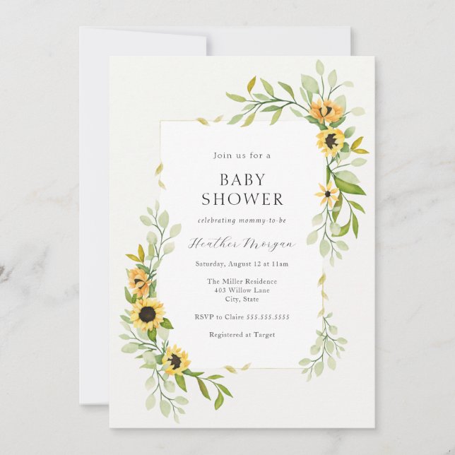 Sunflower and Greenery Frame Baby Shower Invitation (Front)