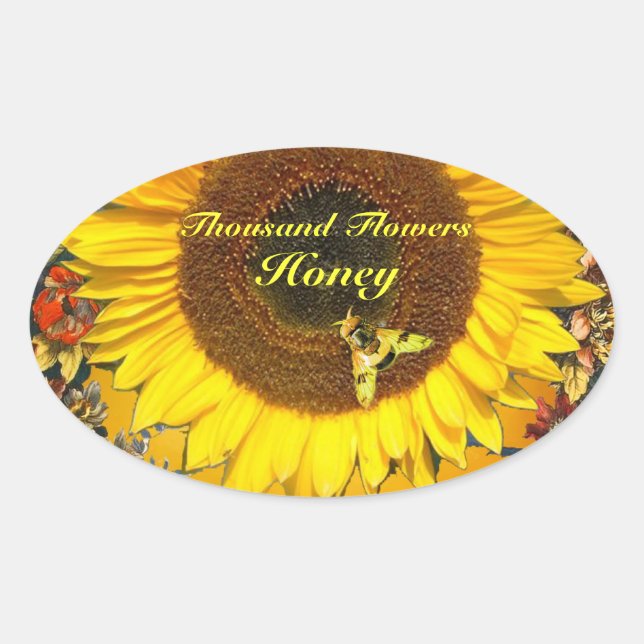 SUNFLOWER AND HONEY BEE FLORAL BEEKEEPING OVAL STICKER (Front)