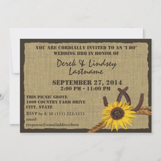 Sunflower and Horseshoes BBQ Wedding Reception Invitation (Front)