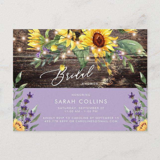 Sunflower and Lavender Bridal Rustic Shower  Postcard (Front)