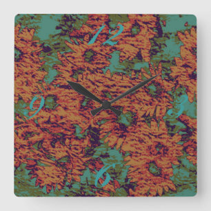 Sunflower and leaf camouflage pattern on square wall clock
