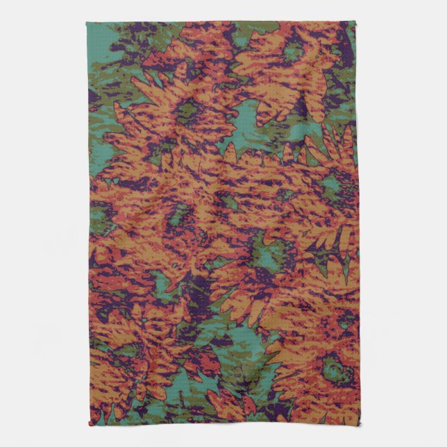 Sunflower and leaf camouflage pattern on tea towel (Vertical)