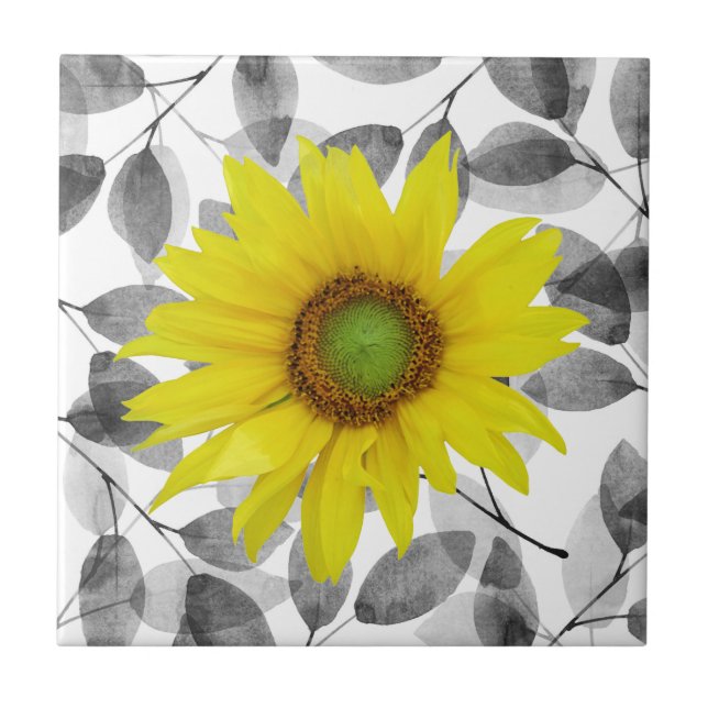 Sunflower and Leaves Ceramic Tile (Front)