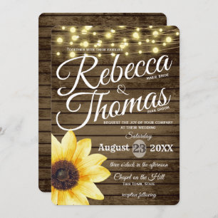 Sunflower and Lights Rustic Wedding Invitation