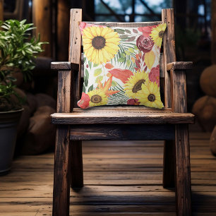 Sunflower and Maroon Roses Floral Cushion