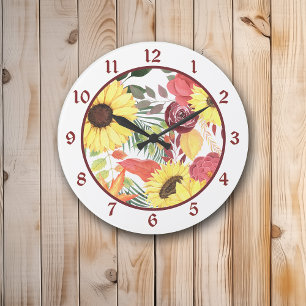 Sunflower and Maroon Roses Floral Large Clock