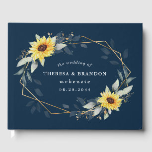 Sunflower and Navy Blue Geometric Rustic Wedding Guest Book