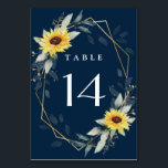 Sunflower and Navy Blue Geometric Rustic Wedding Table Number<br><div class="desc">Design features watercolor greenery,  sunflowers,  printed gold elements and airy botanical leaves over a printed gold coloured geometric frame. The back features a matching greenery and sunflower wreath.</div>