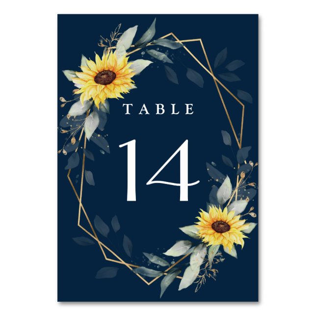 Sunflower and Navy Blue Geometric Rustic Wedding Table Number (Front)