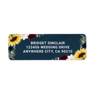 Sunflower and Navy Blue Magnolia Burgundy Wedding Return Address Label