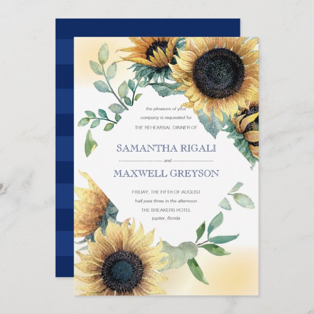 Sunflower and Navy Blue Rehearsal Dinner Invite (Front/Back)