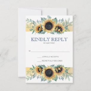 Sunflower and Navy Blue Sunflower Wedding RSVP Card