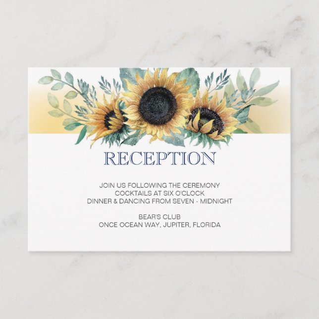 Sunflower and Navy Blue Wedding Reception Card (Front)