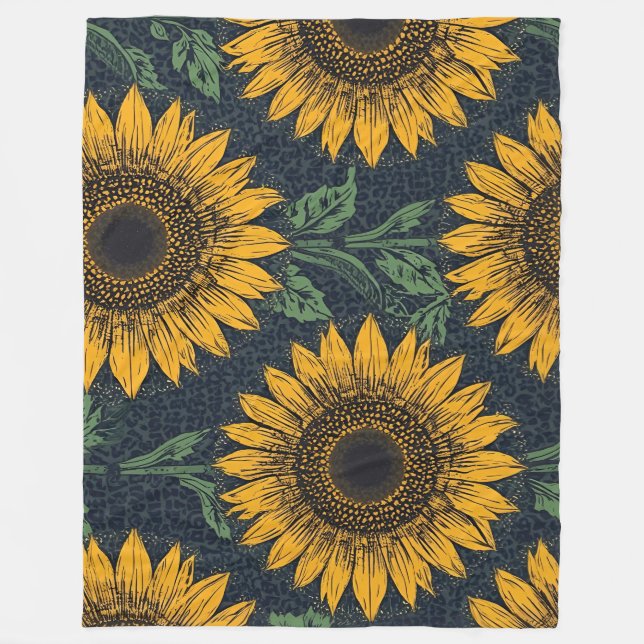 Sunflower and Navy Cheetah Print Accent Fleece Blanket (Front)