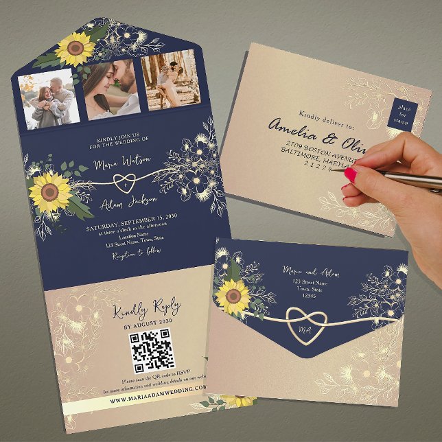 Sunflower and Navy Wedding All In One Invitation (Creator Uploaded)