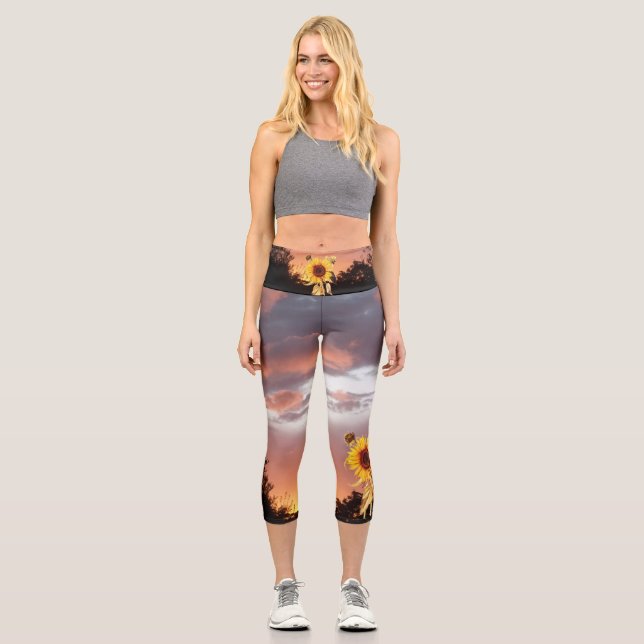 SUNFLOWER AND PINK SUMMER SUNSET  CAPRI LEGGINGS (Front)