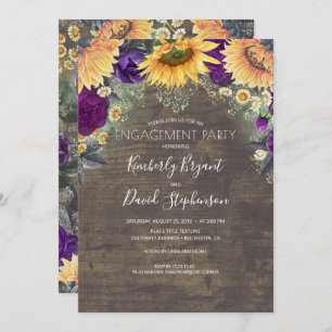 Sunflower and Purple Rose Rustic Engagement Party Invitation