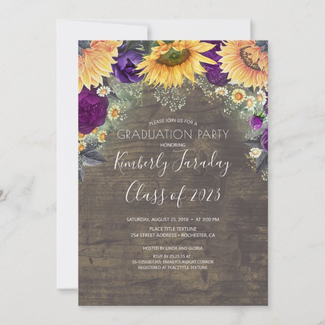 Sunflower and Purple Rose Rustic Graduation Invitation (Front)