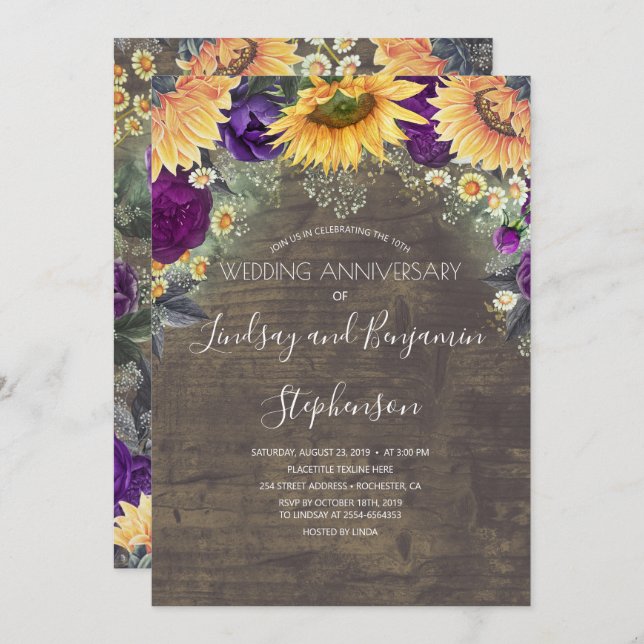 Sunflower and Purple Rose Wedding Anniversary Invitation (Front/Back)