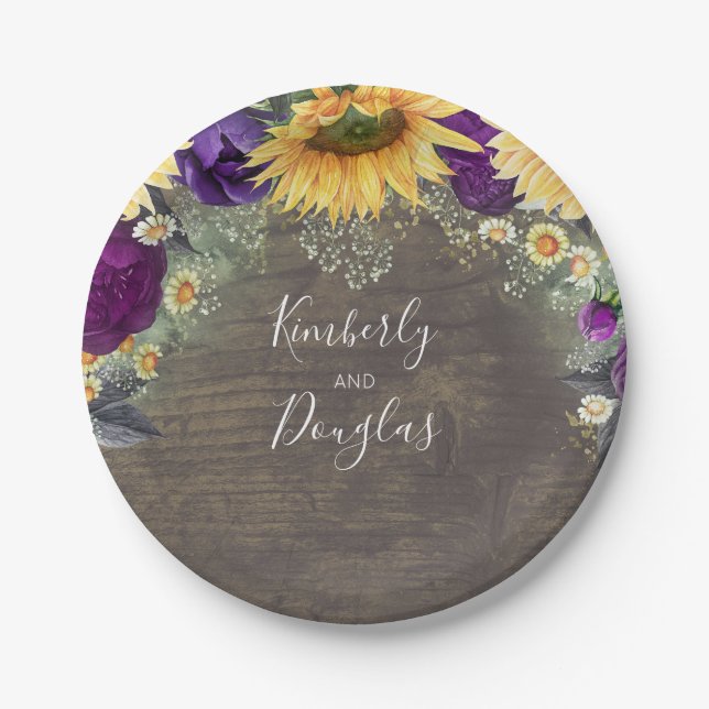 Sunflower and Purple Rustic Fall Wedding Paper Plate (Front)