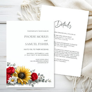 Sunflower and Red Rose Floral Wedding Invitation