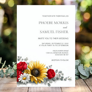 Sunflower and Red Rose Floral Wedding Invitation