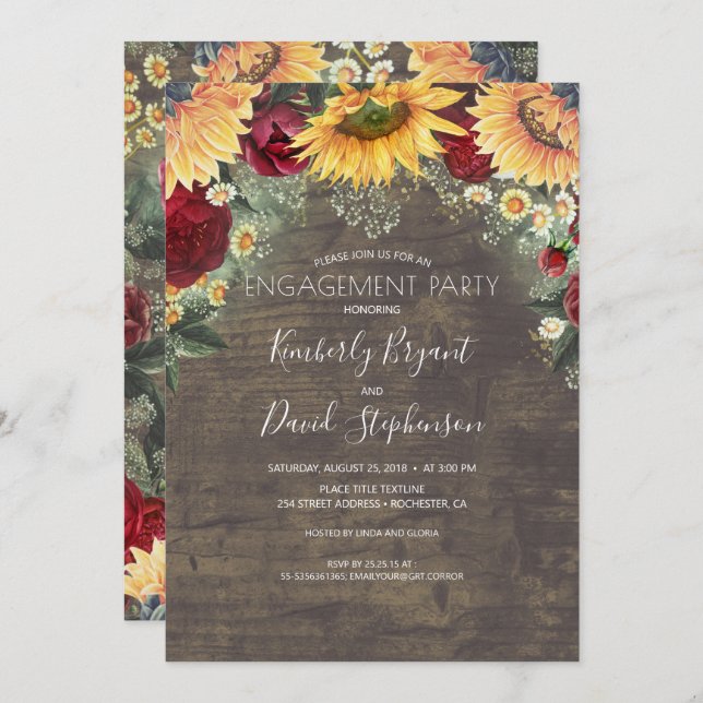Sunflower and Red Rose Rustic Engagement Party Invitation (Front/Back)