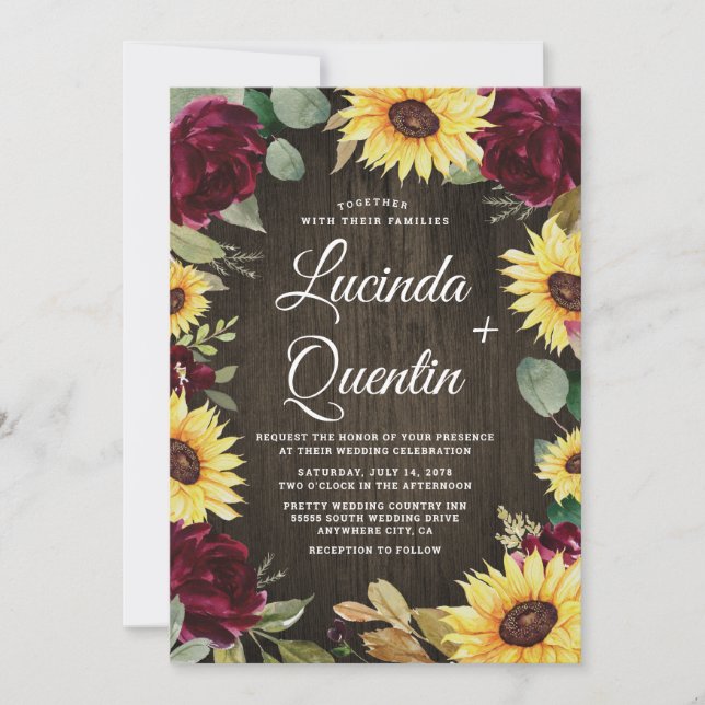 Sunflower and Red Roses Rustic Barn Wood Wedding Invitation (Front)