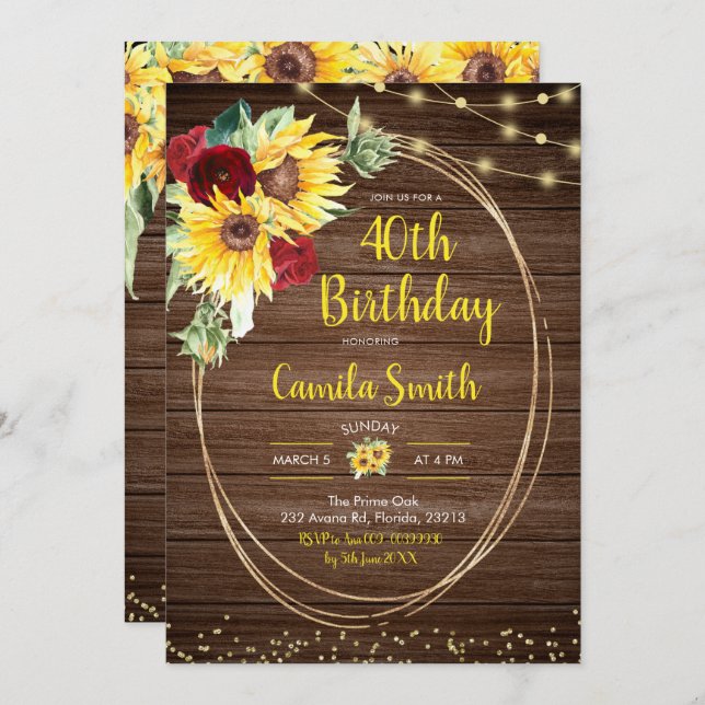 Sunflower and Rose Rustic 40th Birthday invitation (Front/Back)