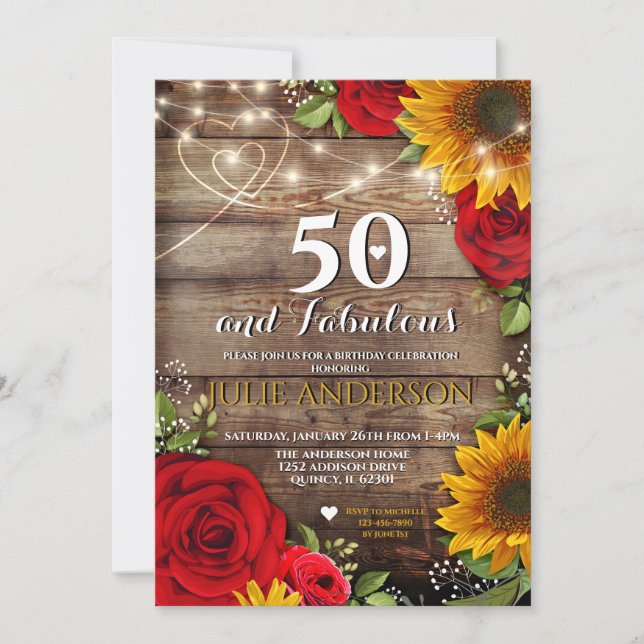 Sunflower and Rose Rustic Birthday Party Invitation (Front)