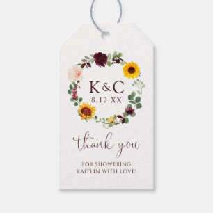 Sunflower and Roses Burgundy Bridal Shower Favour Gift Tags