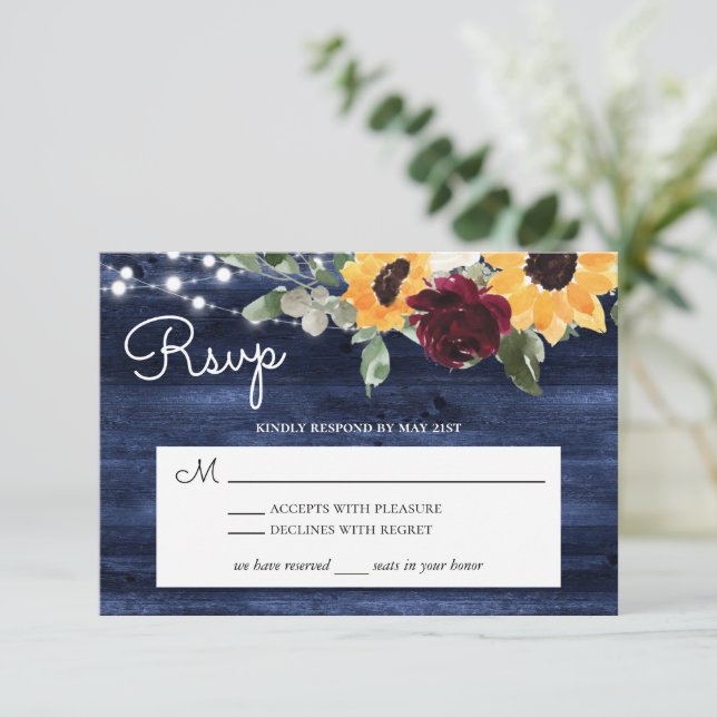 Sunflower and Roses Burgundy Navy Blue Rustic Wood RSVP Card (Standing Front)