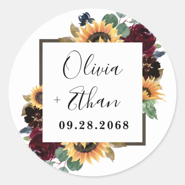 Sunflower and Roses Burgundy Red Navy Blue Wedding Classic Round Sticker (Front)