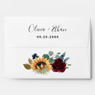 Sunflower and Roses Burgundy Red Navy Blue Wedding Envelope