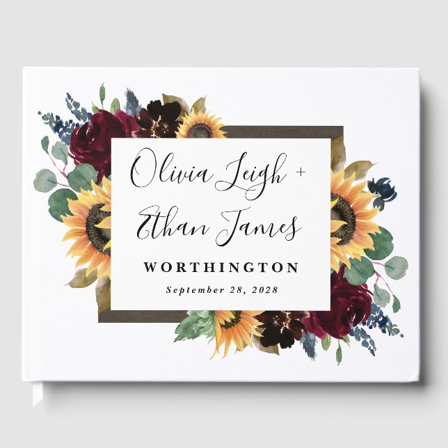 Sunflower and Roses Burgundy Red Navy Blue Wedding Guest Book (Front)
