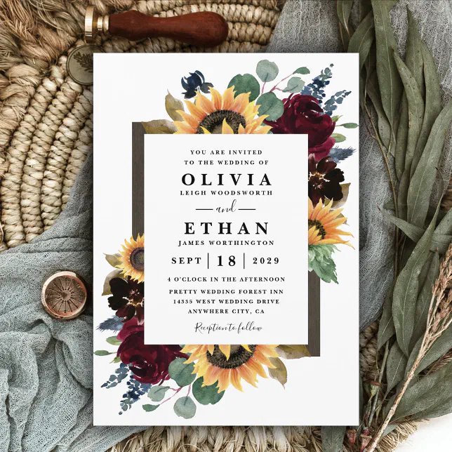 Sunflower and Roses Burgundy Red Navy Blue Wedding Invitation | Zazzle