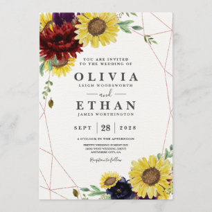 Sunflower and Roses Burgundy Red Navy Blue Wedding Invitation