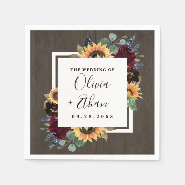 Sunflower and Roses Burgundy Red Navy Blue Wedding Napkin (Front)