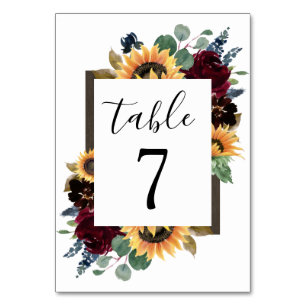 Sunflower and Roses Burgundy Red Navy Blue Wedding Table Number