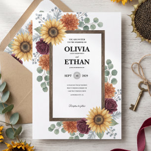 Sunflower and Roses Burgundy Red Navy Blue Wedding Thank You Card