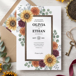 Sunflower and Roses Burgundy Red Navy Blue Wedding Thank You Card