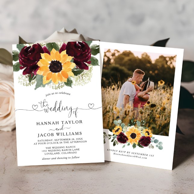 Sunflower and Roses Burgundy Red Photo Wedding Invitation (Creator Uploaded)