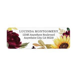 Sunflower and Roses Burgundy Red Rustic Wedding Return Address Label