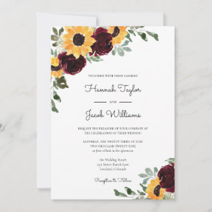 Sunflower and Roses Burgundy Red Wedding Invitation