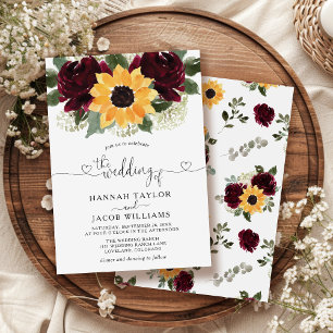 Sunflower and Roses Burgundy Red Wedding Invitation