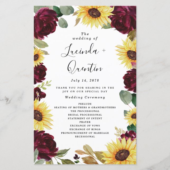 Sunflower and Roses Burgundy Red Wedding Programs (Front)