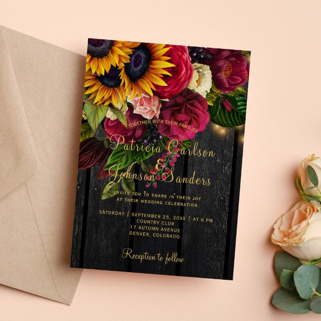 Sunflower and roses burgundy rustic fall wedding invitation (Creator Uploaded)